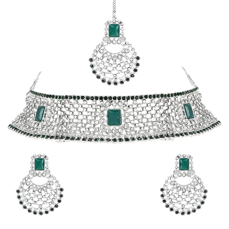 Women's necklaces fine-design-Etnico Silver Plated Traditional Design Stone Work Choker Necklace Jewellery Set With Chandbali Earring & Maang Tikka For Women/Girls (M4172ZG)