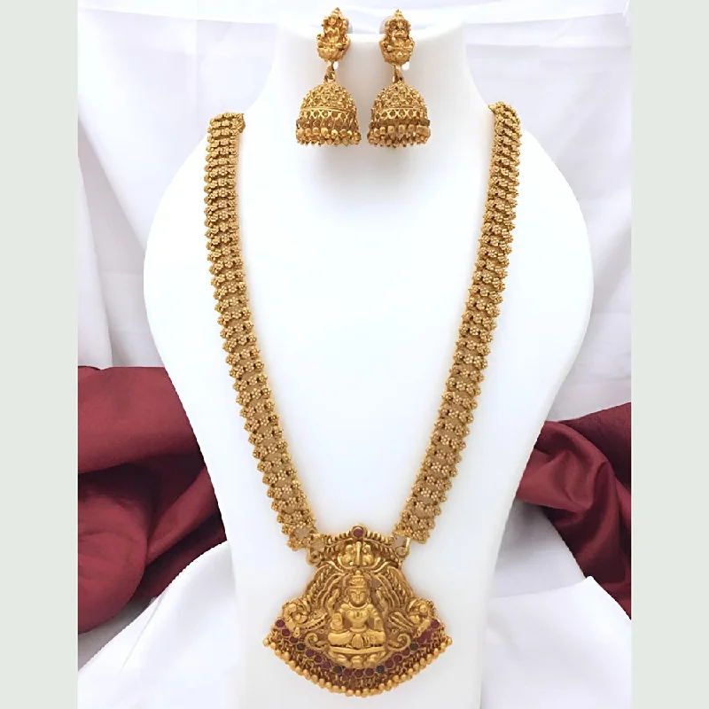 Women's necklaces contemporary-elegance-Darshana Jewels Art Matte Gold Plated Pota Stone Temple Long Necklace Set