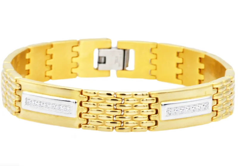 Women's bracelets gentle-elegance-Mens Gold Stainless Steel Bracelet With Cubic Zirconia