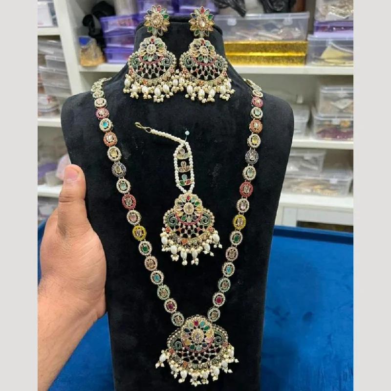 Women's necklaces artisan-gem-Hira Collections Gold Plated Crystal Stone And Pearls Long Necklace Set