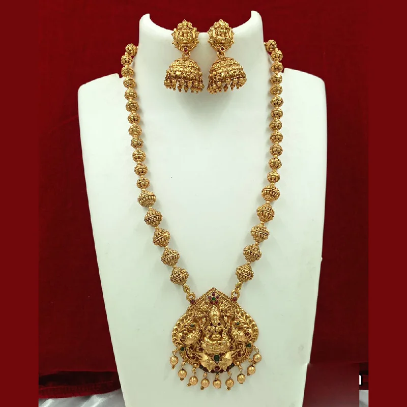 Women's necklaces green-FS Collection Gold Plated Pota Stone And Pearl Temple Long Necklace Set