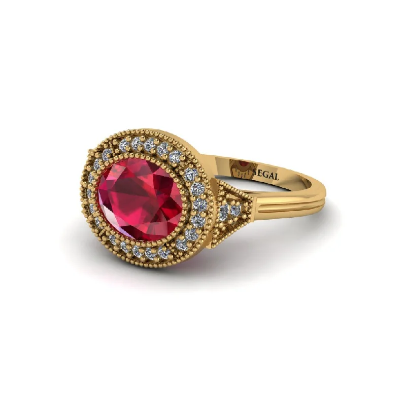 Women's engagement rings radiant-rose-band-Oval Cut Ruby Milgrain Halo Engagement Ring - Alexandria No. 10