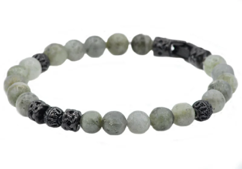 Women's bracelets rare-stone-Mens Genuine Labradorite Stainless Steel Beaded Bracelet