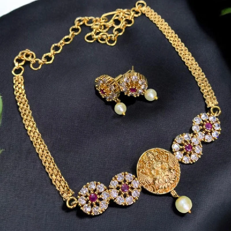 Women's necklaces soft-gem-Sona Creation Gold Plated AD Stone Temple Necklace Set