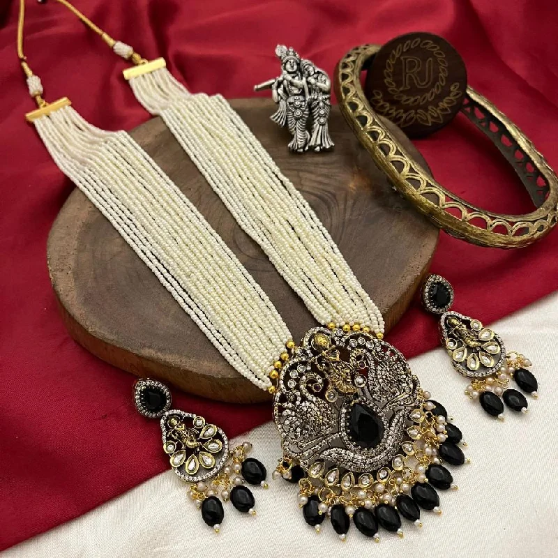 Women's necklaces artisan-polished-FS Collection 2 Tone Plated Austrian Stone And Pearls Temple Long Necklace Set