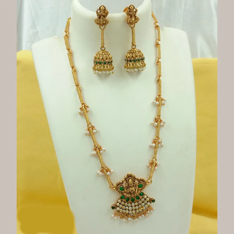 Women's necklaces fine-design-FS Collection Gold Plated Pearls Temple Long Necklace Set