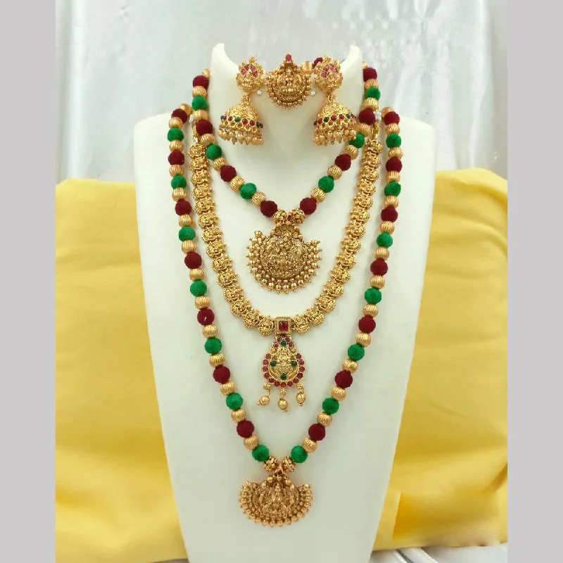 Women's necklaces evening-gem-Joyful Jewel Art Matte Gold Plated Pota Stone Temple Long Necklace Combo