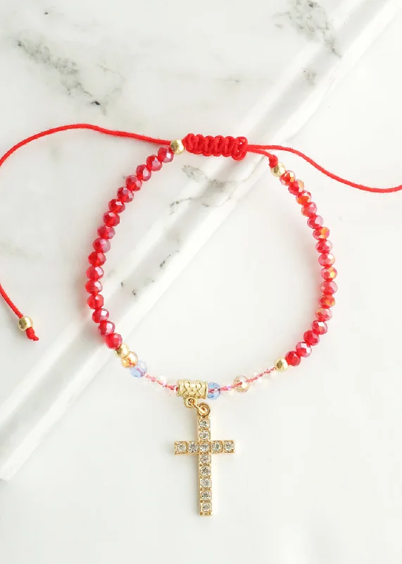 Women's bracelets enduring-style-Red Bead Bracelet with Cross