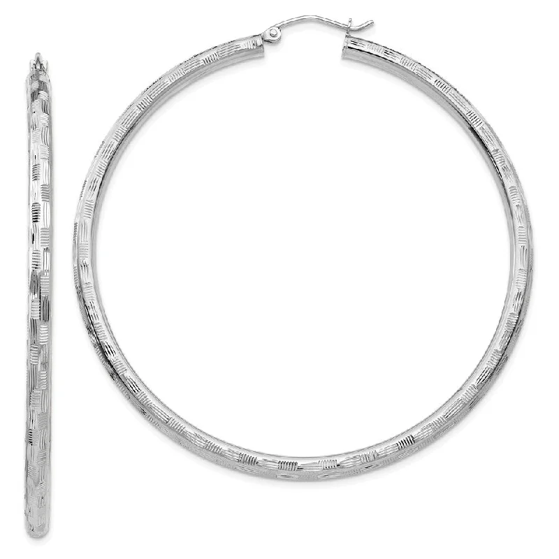 Women's earrings arched-3mm x 60mm 14k White Gold Textured Round Hoop Earrings