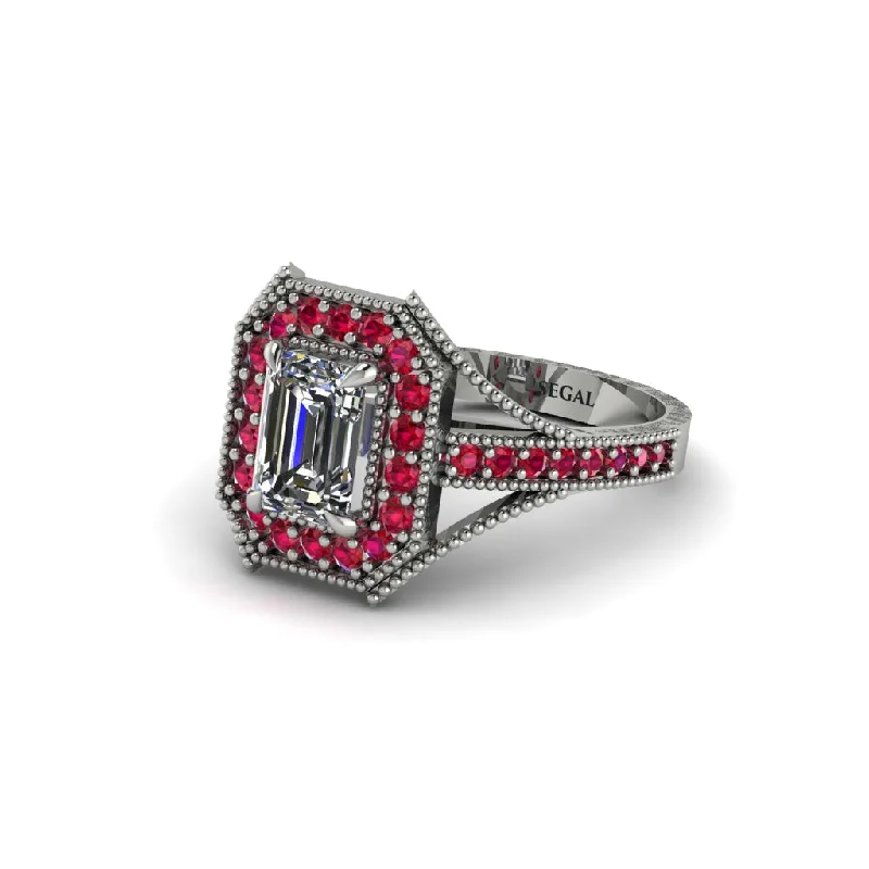 Women's engagement rings delicate-band-Emerald Cut Ruby Milgrain Halo Engagement Ring - Xanthe No. 48