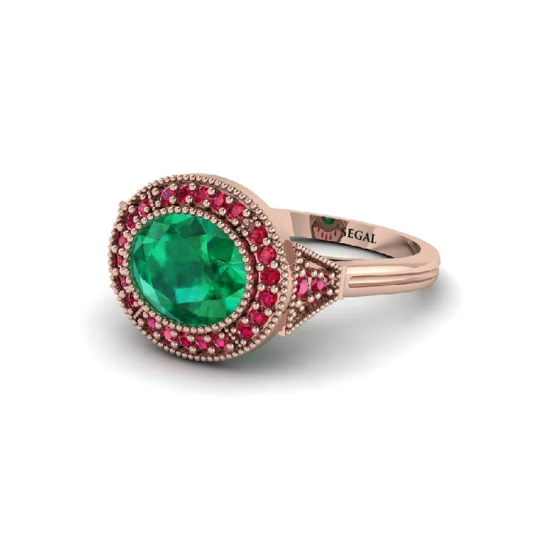 Women's engagement rings romantic-style-Oval Cut Emerald Milgrain Halo Engagement Ring - Alexandria No. 50