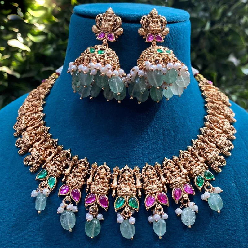 Women's necklaces contemporary-elegance-Royal Kundan Jewellery Gold Plated Pota Stone And Beads Temple Necklace Set