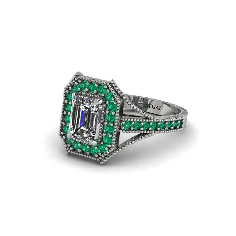 Women's engagement rings vintage-lux-Emerald Cut Emerald Milgrain Halo Engagement Ring - Xanthe No. 18