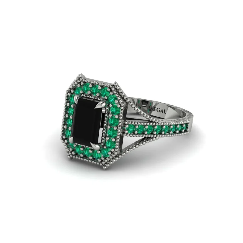 Women's engagement rings forever-gem-Emerald Cut Emerald Milgrain Halo Engagement Ring - Xanthe No. 24