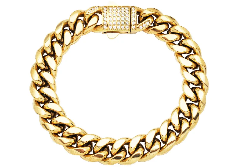 Women's bracelets artisan-cuff-Men's 12mm Gold Stainless Steel Miami Cuban Link Chain Bracelet With CZ Box Clasp