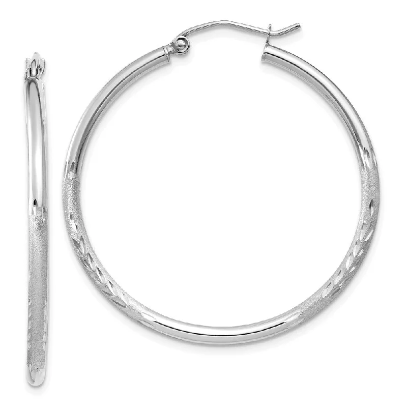 Women's earrings gentle-design-2mm x 35mm 14k White Gold Satin & Diamond-Cut Round Hoop Earrings