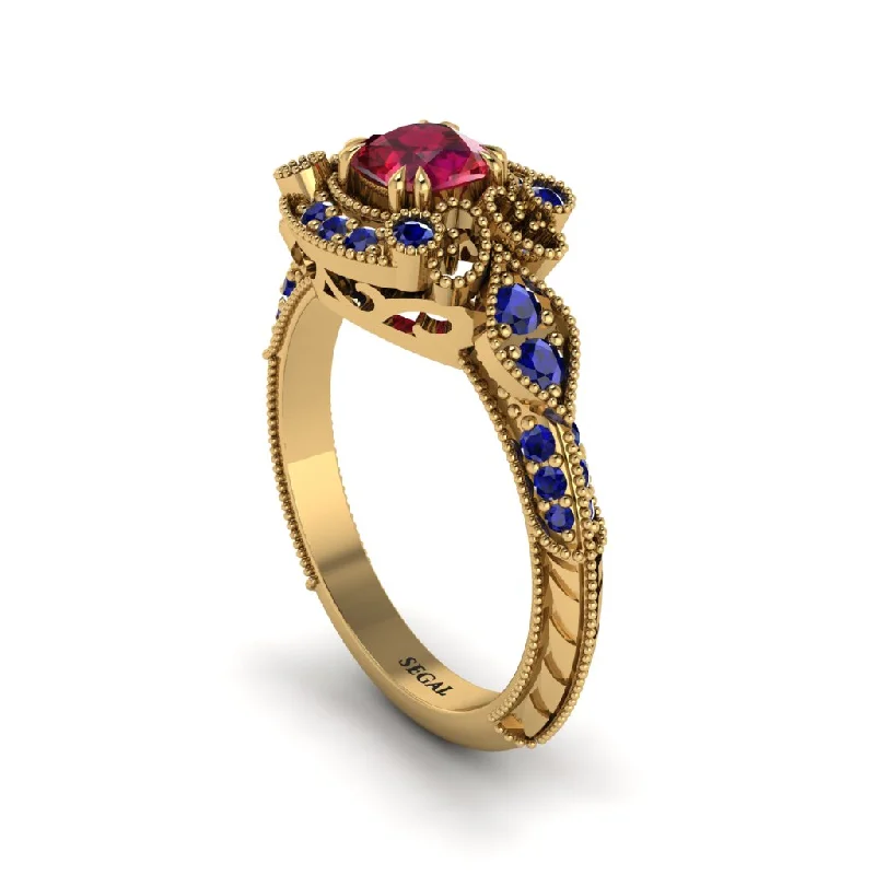 Women's engagement rings radiant-gold-band-Ruby Vintage Filigree Cushion Cut Engagement Ring - Elaina No. 70