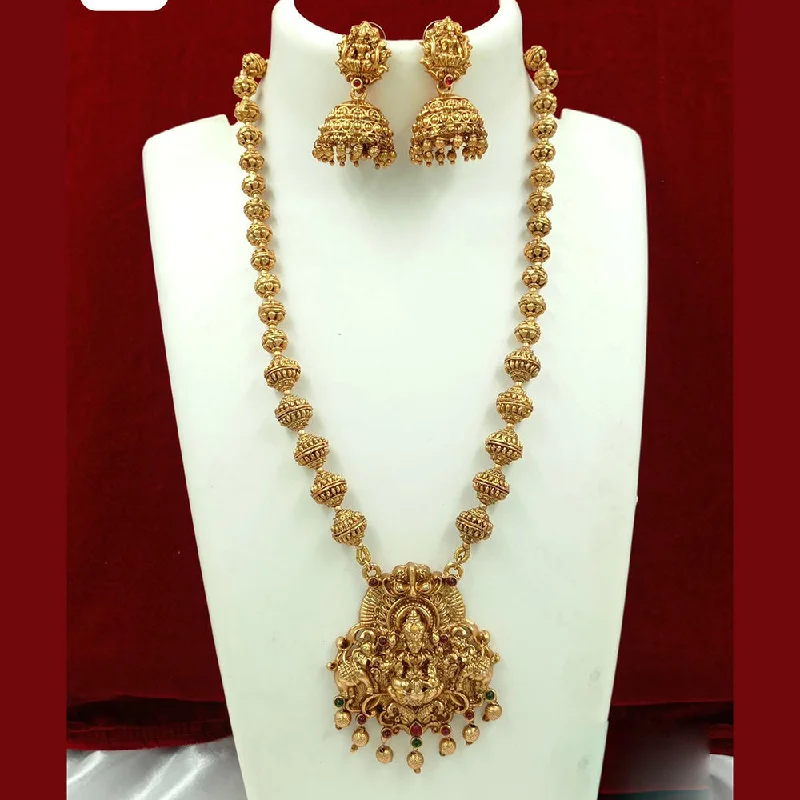 Women's necklaces fine-classic-FS Collection Gold Plated Pota Stone And Pearl Temple Long Necklace Set