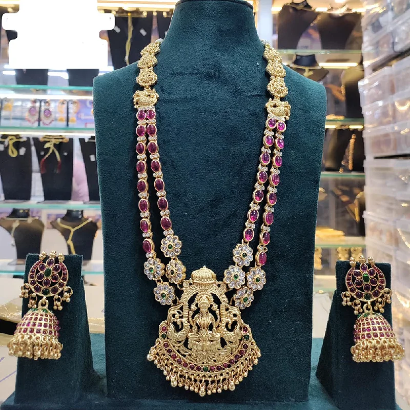 Women's necklaces fine-gemstone-Manisha Jewellery Gold Plated Pota Stone Temple Necklace Set