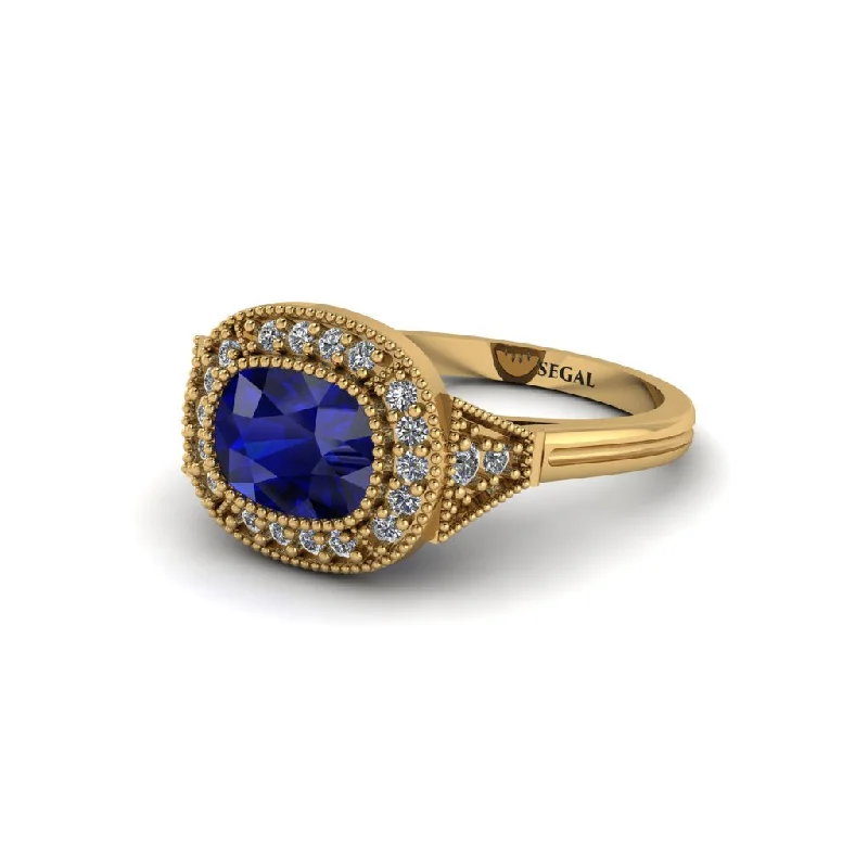 Women's engagement rings modern-grace-Cushion Cut Sapphire Milgrain Halo Engagement Ring - Blake No. 13