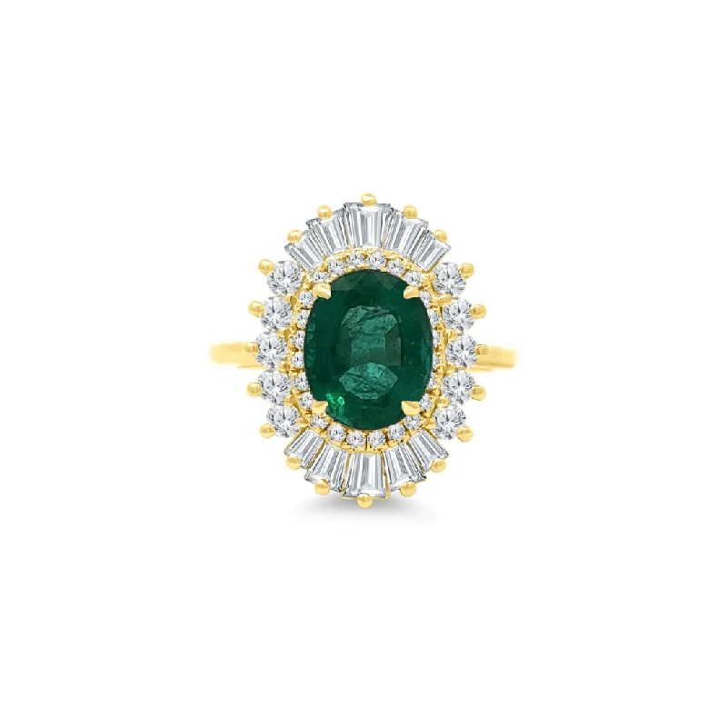 Women's rings rare-design-Oval Cut Emerald with Sunburst Halo