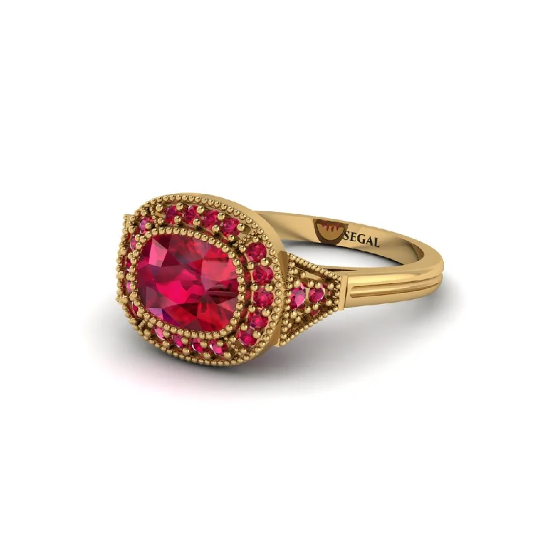 Women's engagement rings love-story-Cushion Cut Ruby Milgrain Halo Engagement Ring - Blake No. 55