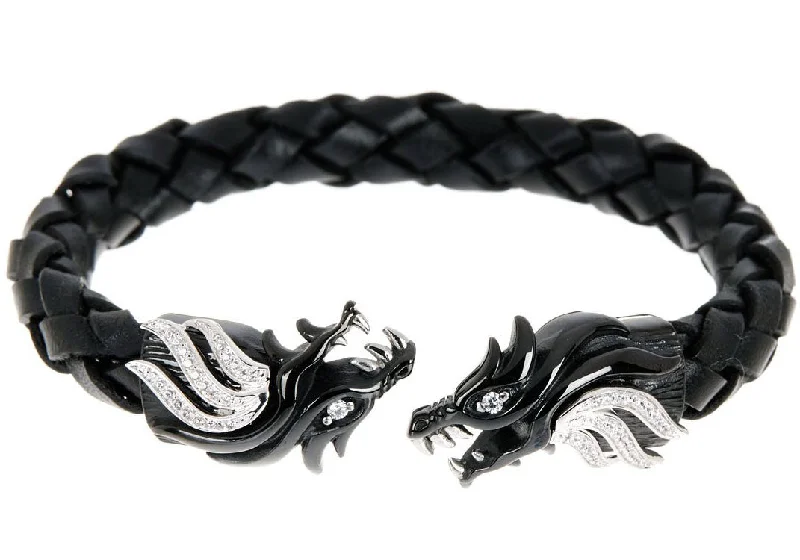 Women's bracelets love-gem-Mens Black Leather Stainless Steel Dragon Bracelet With Cubic Zirconia