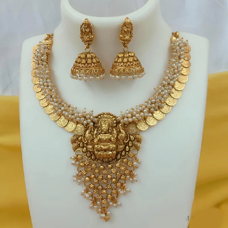 Women's necklaces sturdy-metal-Joyful Jewel Art Matte Gold Plated Pearls Temple Necklace Set