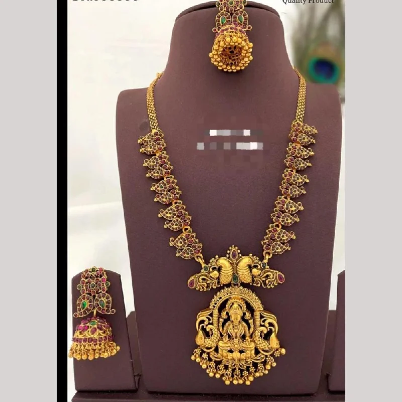 Women's necklaces enduring-chic-FS Collection Gold Plated Pota Stone Temple And Pearls Long Necklace Set