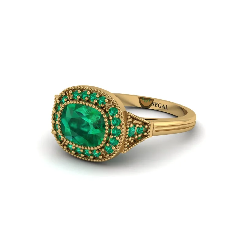 Women's engagement rings radiant-band-Cushion Cut Emerald Milgrain Halo Engagement Ring - Blake No. 19