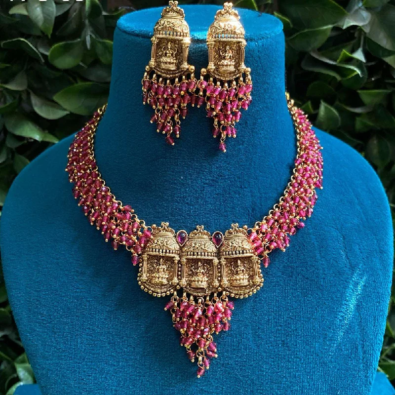 Women's necklaces enduring-style-Royal Kundan Jewellery Gold Plated Pearls Temple Necklace Set