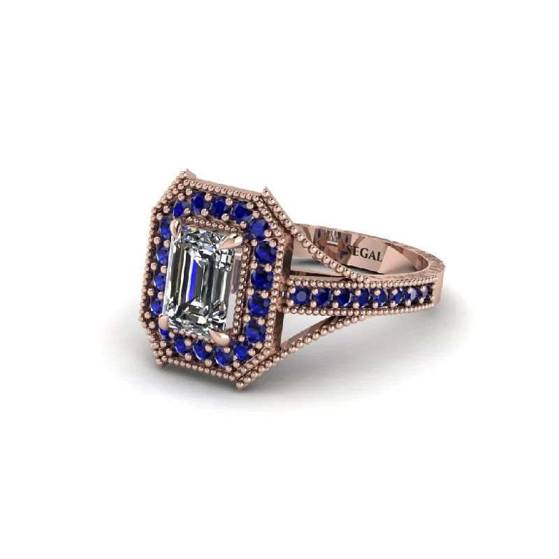 Women's engagement rings modern-grace-Emerald Cut Sapphire Milgrain Halo Engagement Ring - Xanthe No. 62