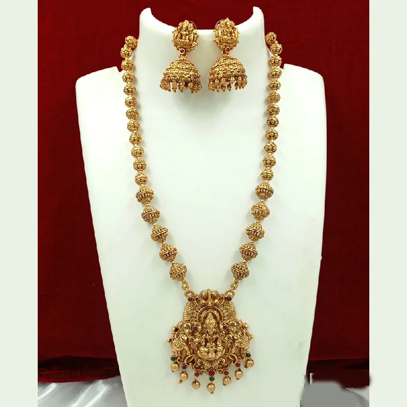 Women's necklaces fine-gem-Joyful Jewel Art Matte Gold Plated Pota Stone Temple Long Necklace Set