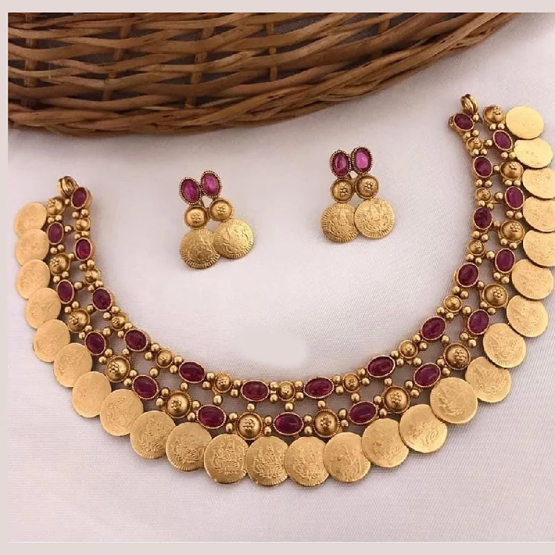 Women's necklaces gentle-gold-Lucentarts Jewellery Gold Plated Pota Stone And Temple Necklace Set