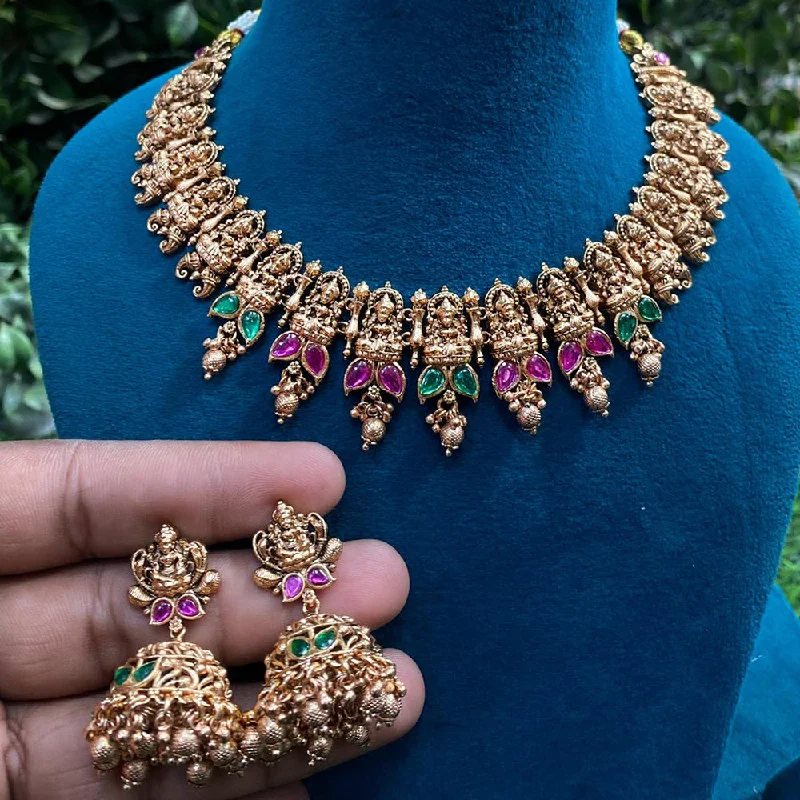 Women's necklaces refined-elegance-Royal Kundan Jewellery Gold Plated Pota Stone Temple Necklace Set