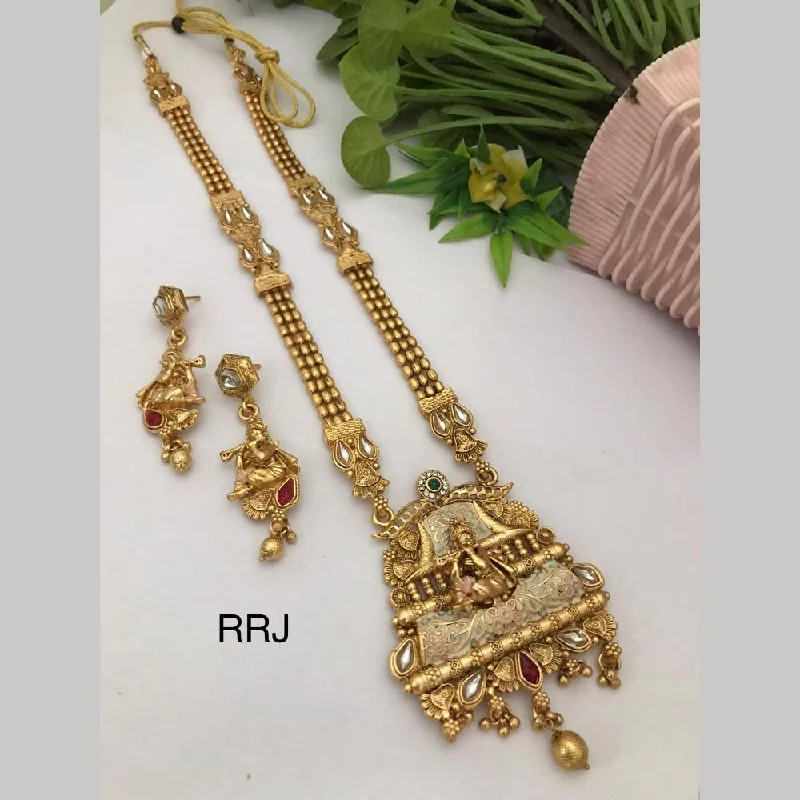 Women's necklaces refined-gold-FS Collection Gold Plated Pota Stone Meenakari Temple Long Necklace Set