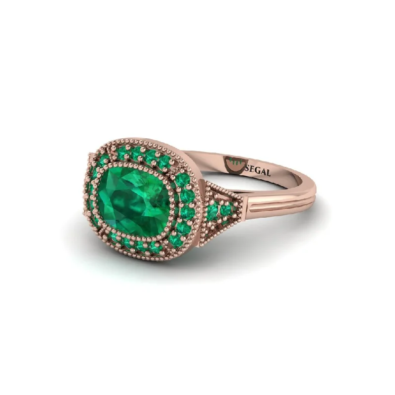 Women's engagement rings vintage-inspired-Cushion Cut Emerald Milgrain Halo Engagement Ring - Blake No. 20