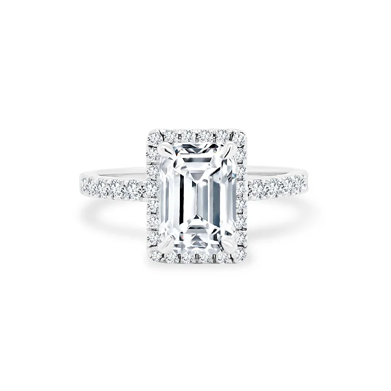 Women's rings striking-metal-Emerald Cut Solitaire with Halo on Diamond Band