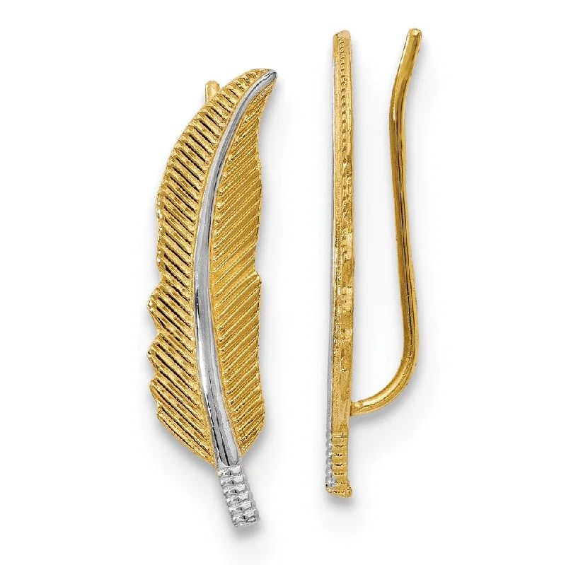 Women's earrings fine-chic-6 x 22mm 14k Yellow Gold with Rhodium Feather Ear Climber Earrings