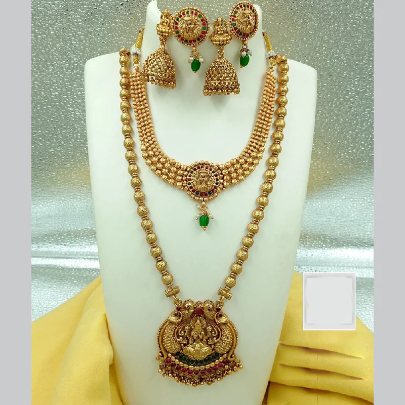 Women's necklaces sturdy-metal-FS Collection Gold Plated Pota Stone Temple Double Necklace Set