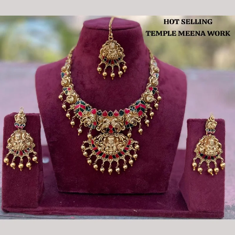 Women's necklaces blush-tone-FS Collection Gold Plated Meenakari Temple Necklace Set