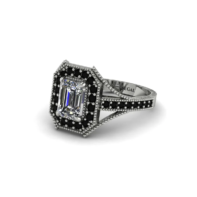 Women's engagement rings eternal-grace-Emerald Cut Black Diamond Milgrain Halo Engagement Ring - Xanthe No. 33