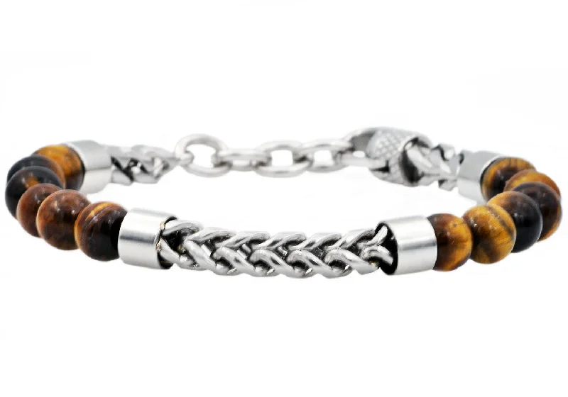 Women's bracelets enduring-elegance-Mens Genuine Tiger Eye Stainless Steel Beaded And Franco Link Chain Bracelet With Adjustable Clasp