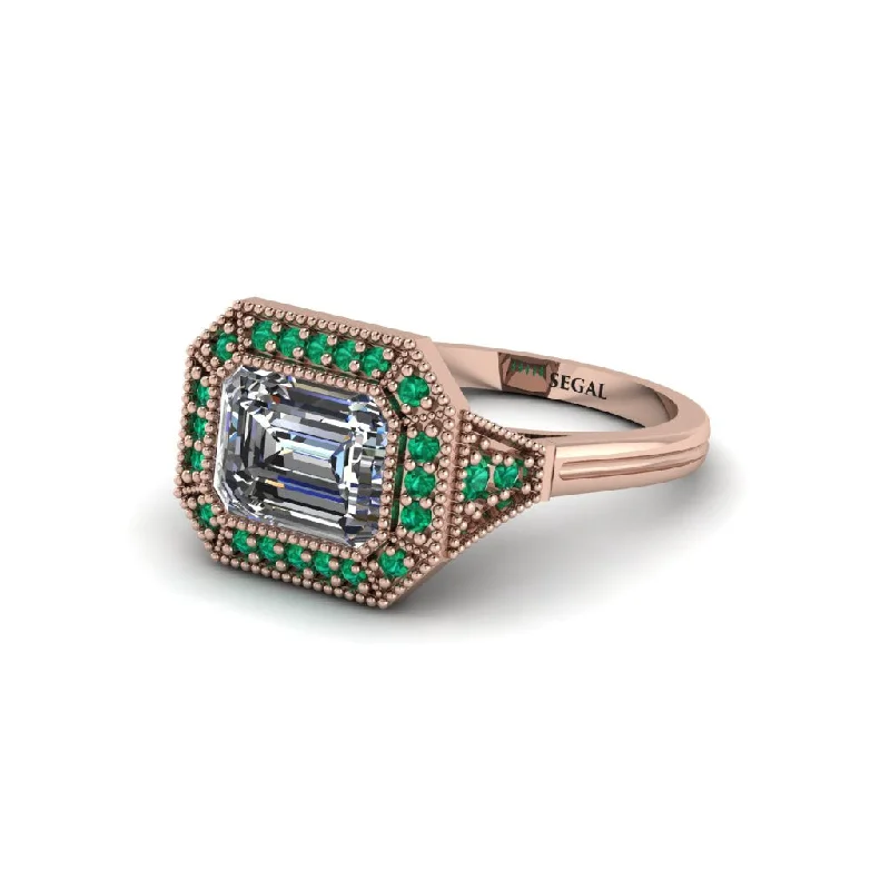 Women's engagement rings radiant-gold-band-Emerald Cut Diamond Milgrain Halo Engagement Ring - Juniper No. 17