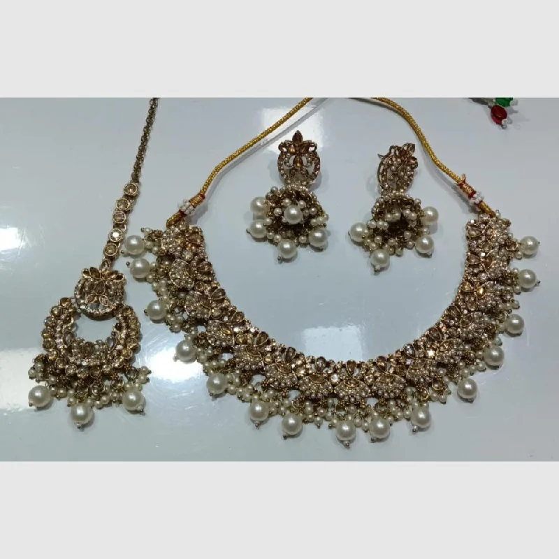 Women's necklaces striking-design-SNERA Gold Plated Crystal Stone And Pearls Necklace Set