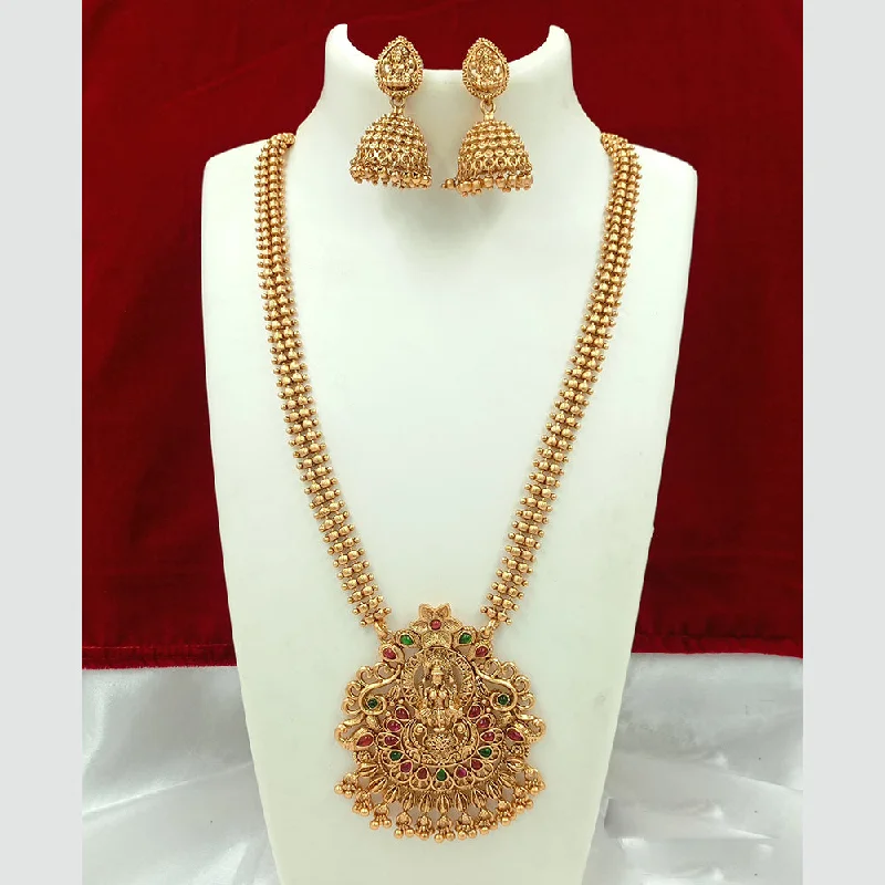 Women's necklaces contemporary-gem-Joyful Jewel Art Matte Gold Plated Pota Stone Temple Long Necklace Set