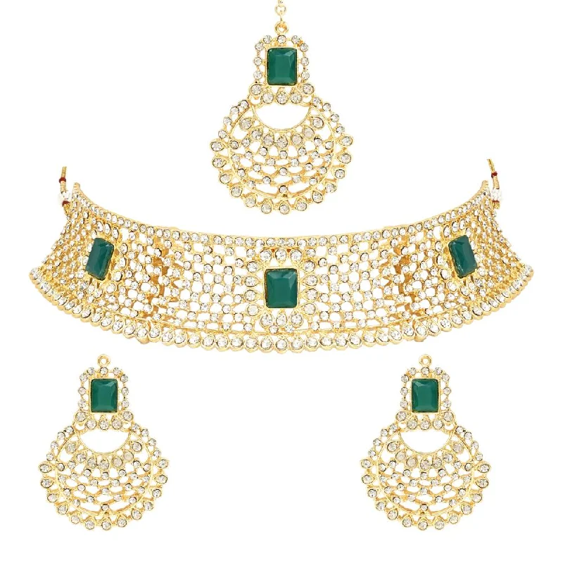 Women's necklaces artisan-finish-Etnico Gold Plated Traditional Design Stone Work Choker Necklace Jewellery Set With Chandbali Earring & Maang Tikka For Women/Girls (M4172WG)