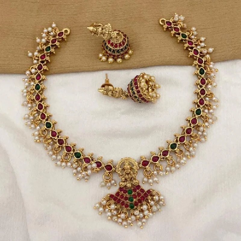 Women's necklaces contemporary-chain-FS Collection Gold Plated Pota Stone And Pearls Temple Necklace set