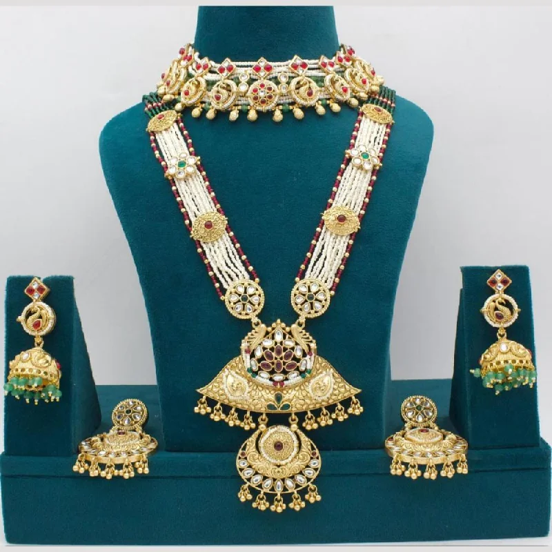 Women's necklaces rare-stone-Manisha Jewellery Gold Plated Pota Stone Double Meenakari Necklace Set