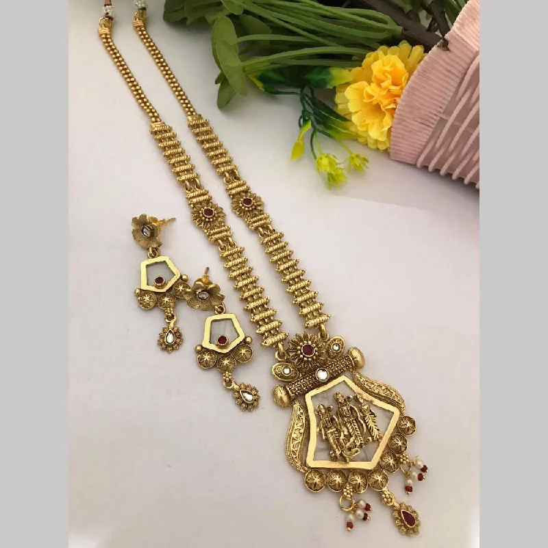 Women's necklaces fine-silver-FS Collection Gold Plated Pota Stone Temple Long Necklace Set